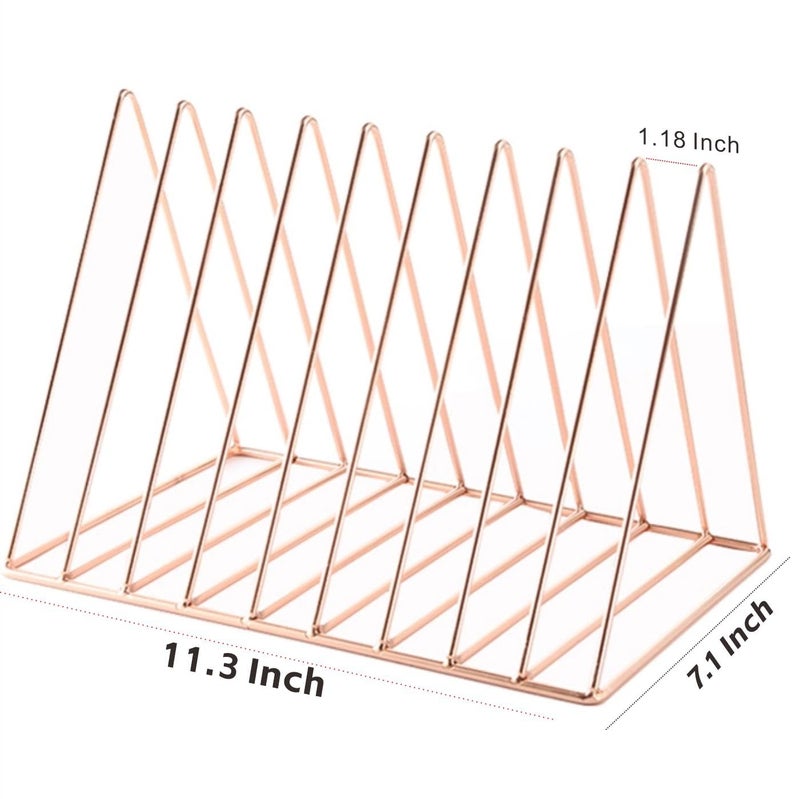 Cq acrylic حامل أسطوانات الفينيل المعدني باللون الوردي الذهبي، حامل مشغل أسطوانات عمودي، منظم ملفات للمكتب، فرز ملفات مكتبي، منظم ورق وحامل أسطوانات، حامل أسطوانات فينيل قائم مثلث 9 شبكات، 1 عبوة - Image 2